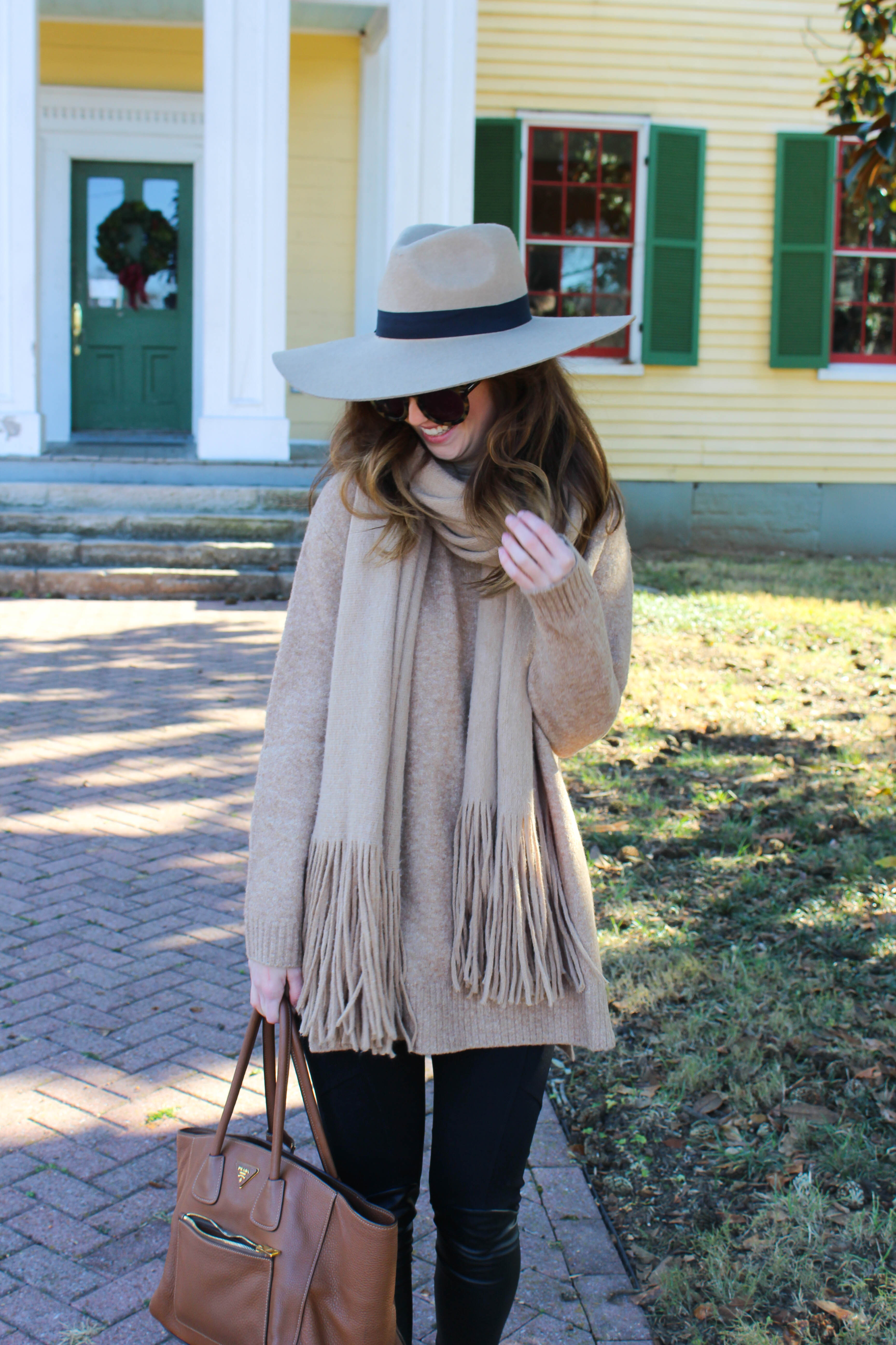all camel outfit - h&m sweater - wide brim hat
