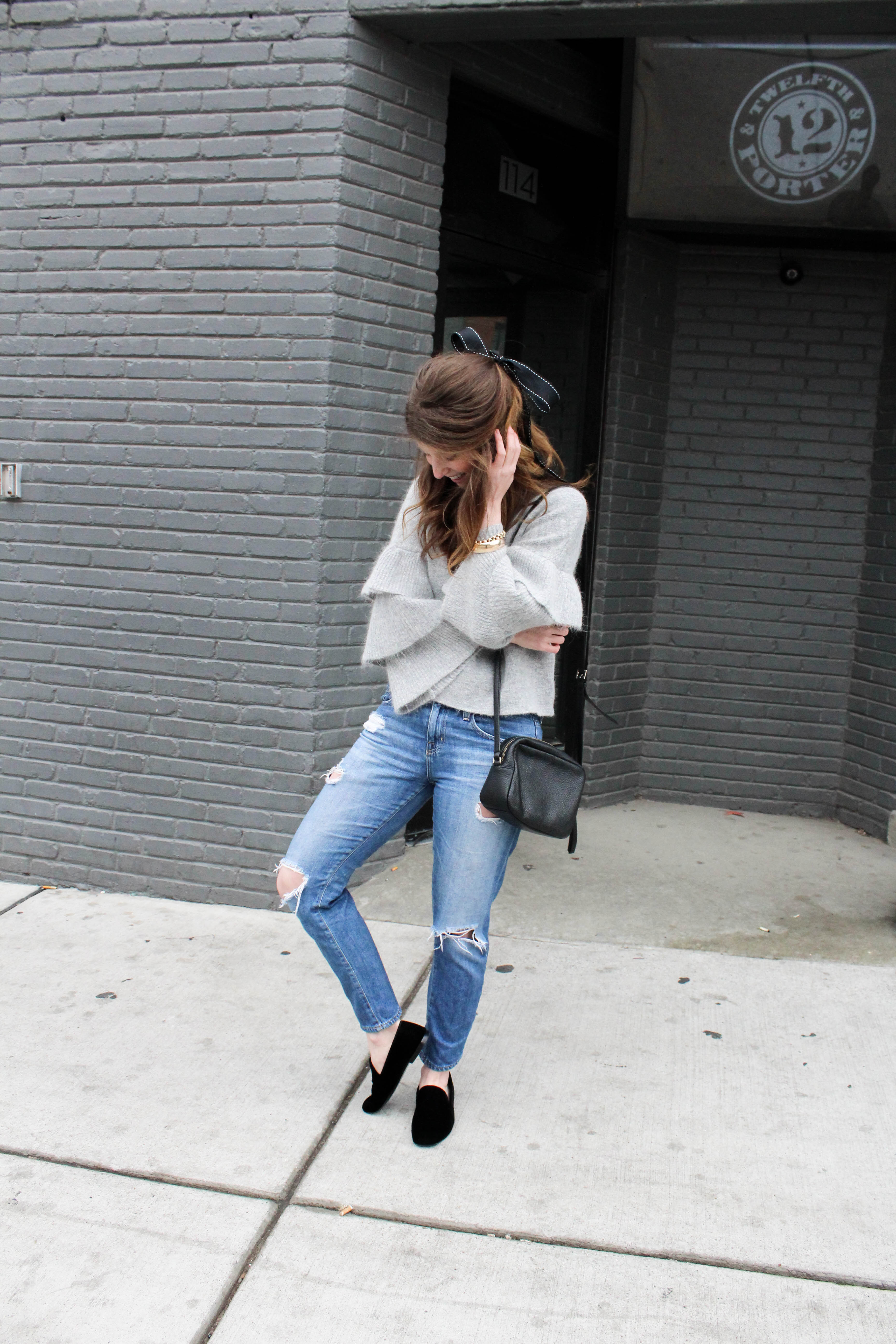 ruffle sweater - bf jeans - vince loafers