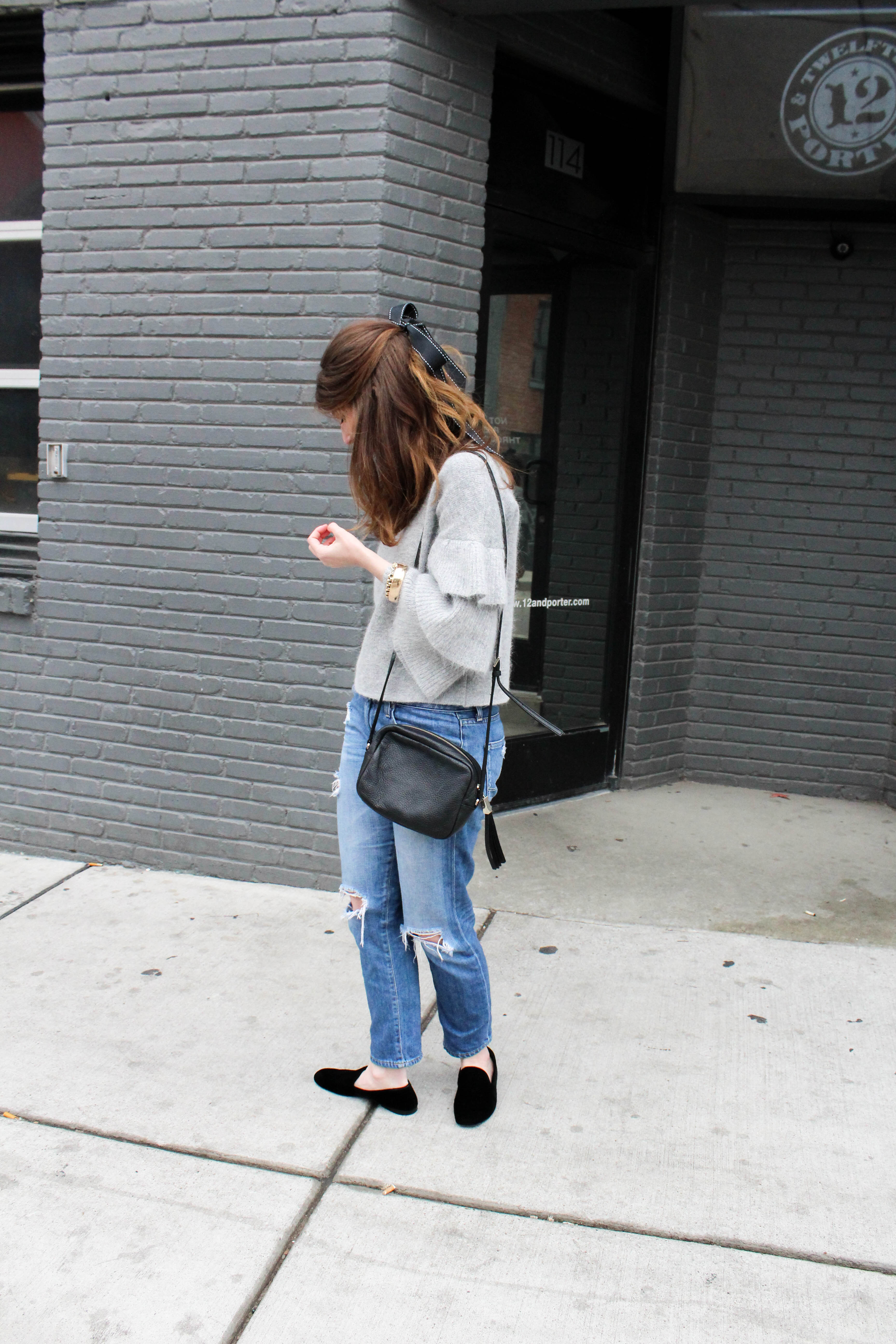 ruffle sweater - bf jeans - vince loafers