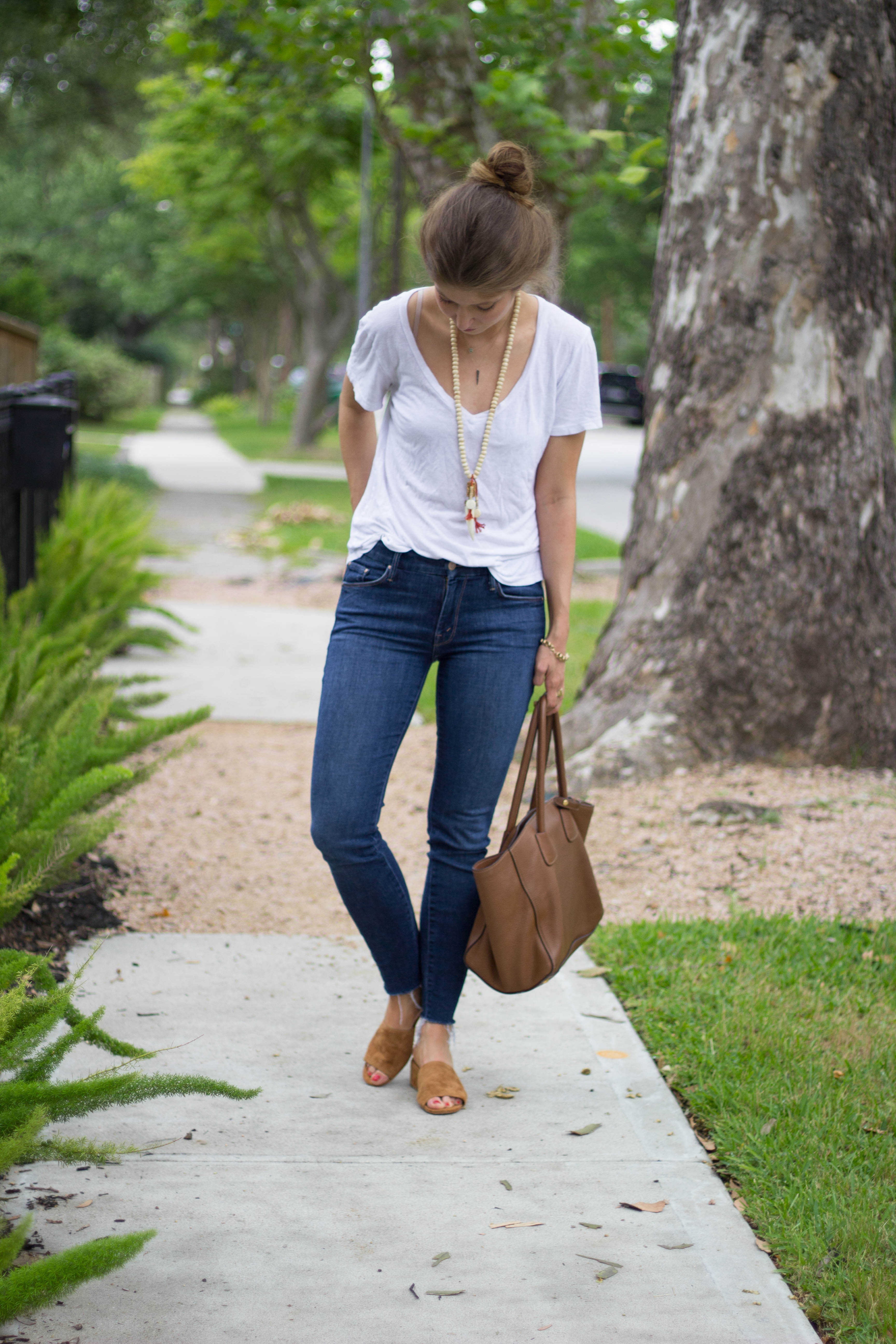 spring basics, classic spring outfit, mother jeans, Vince slides 