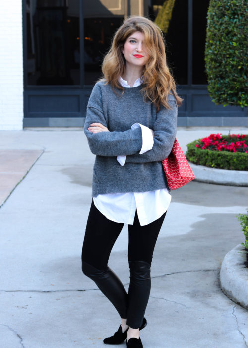 layered sweater with Oxford, leather leggings, madewell sweater, layered sweater
