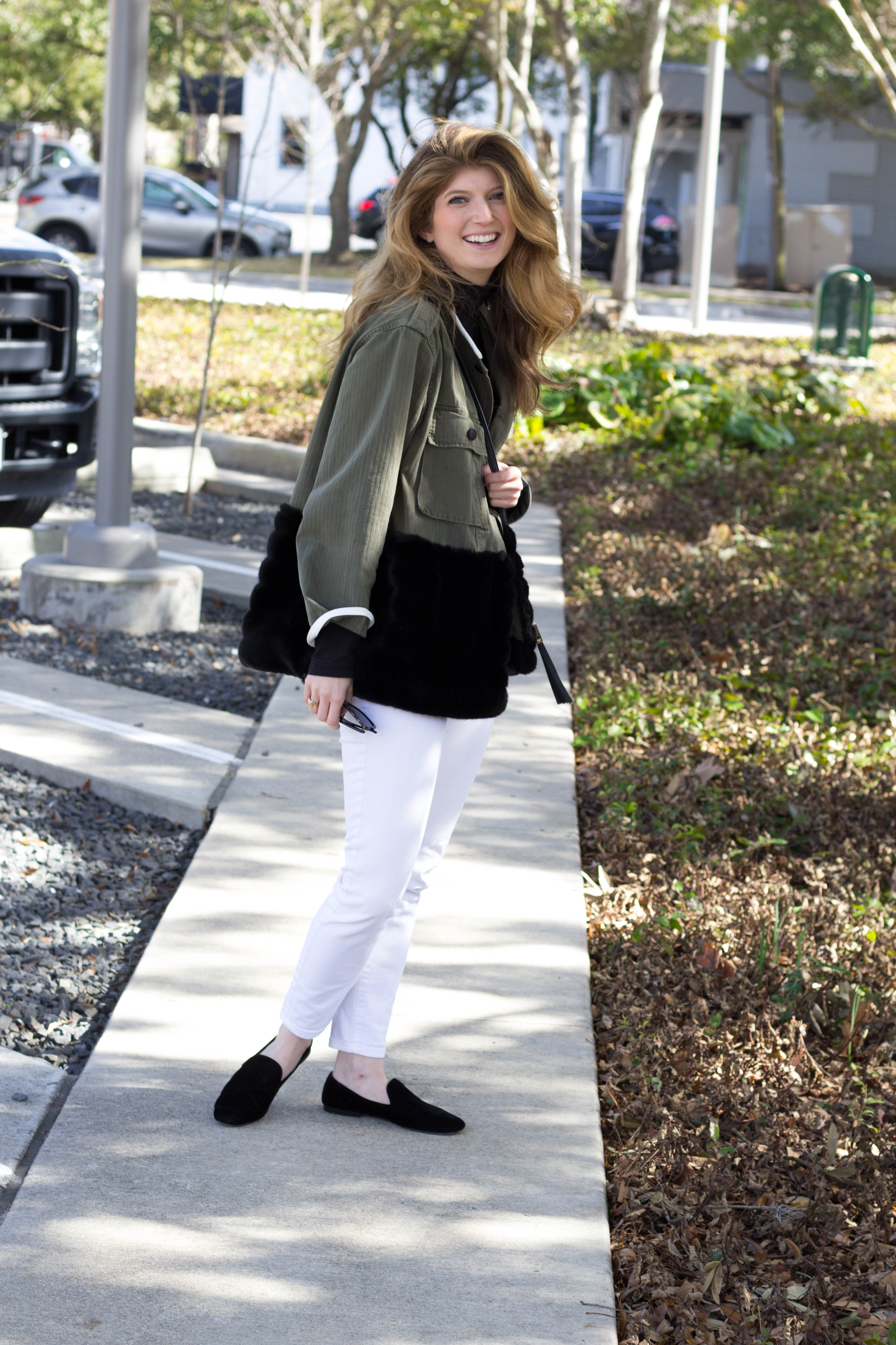 Harvey faircloth jacket, white jeans in the winter, how to style white jeans in winter