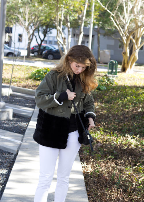 Harvey faircloth jacket, white jeans in the winter, how to style white jeans in winter