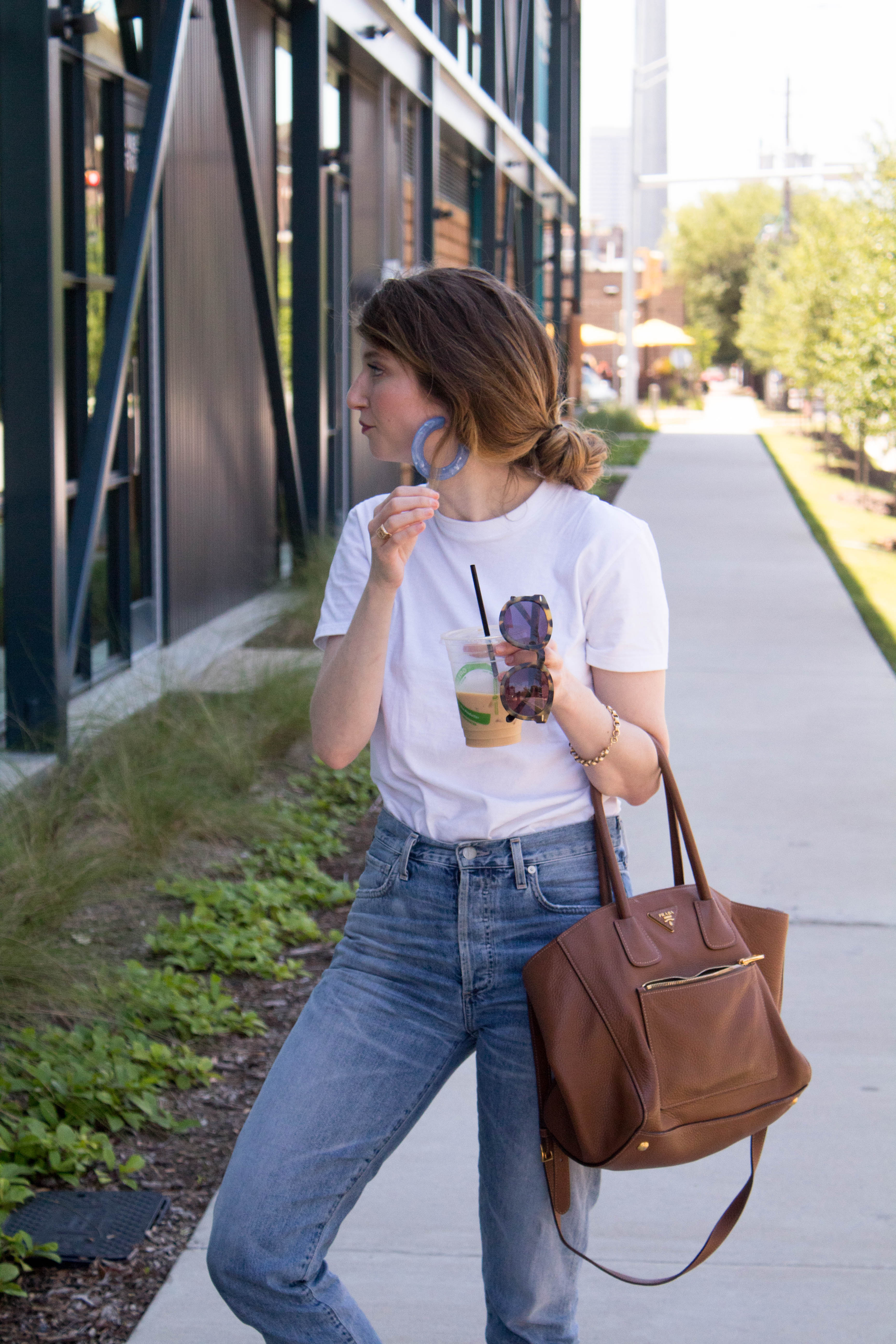 citizen of humanity jeans, Hanes tee outfit, cult Gaia earrings, spring basics