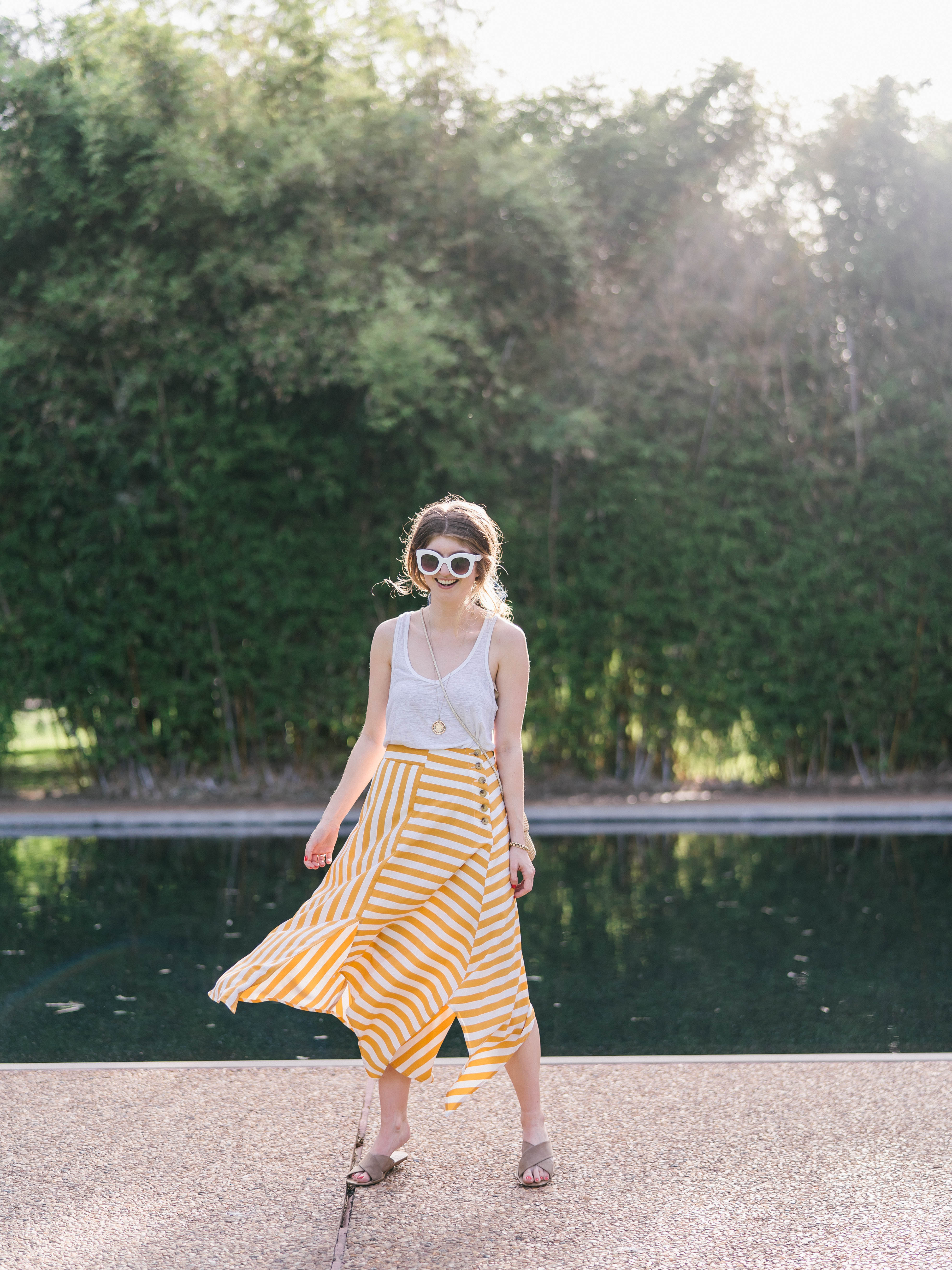 topshop yellow midi skirt, striped midi skirt