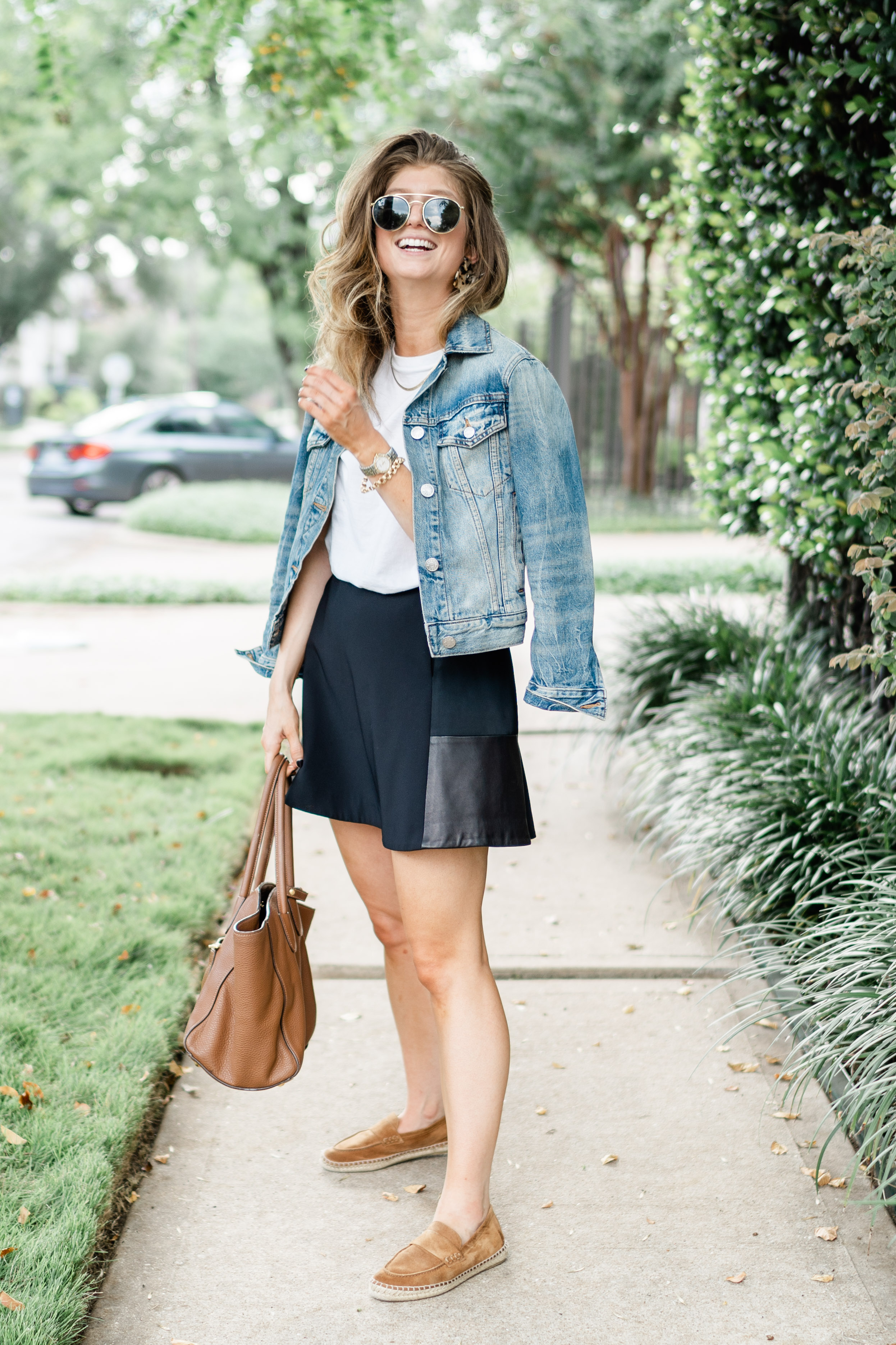 denim jacket outfit, transitional fall outfit, rag and bone mini skirt